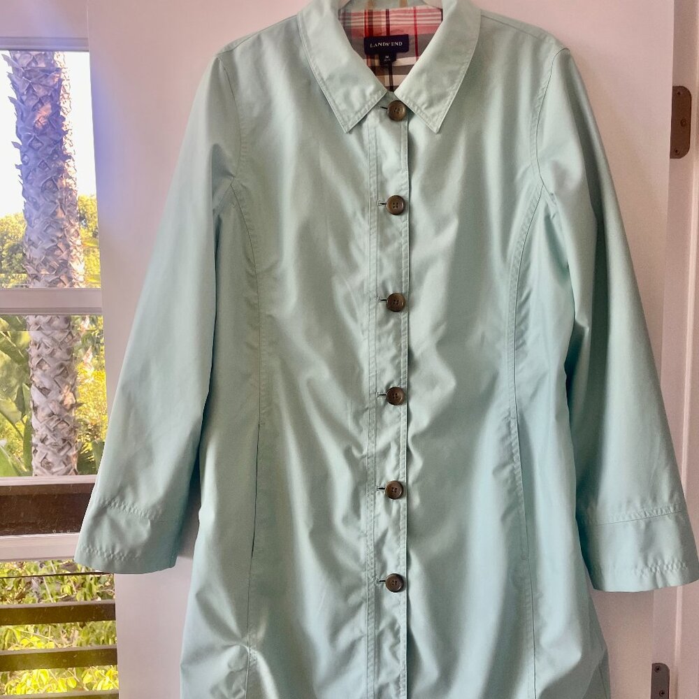Land's End Mint Green Trench Coat with Front Buttons and‎ Pockets, Size Medium